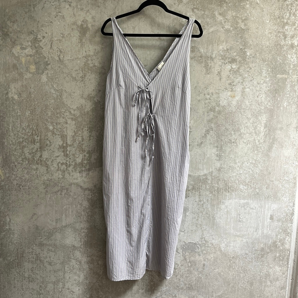 Deiji Studios Striped Asymmetrical Tie Front Midi Dress