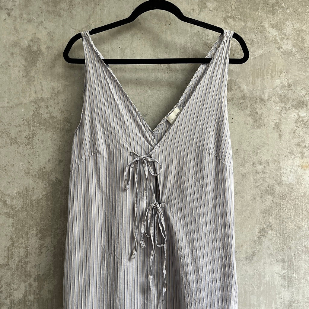 Deiji Studios Striped Asymmetrical Tie Front Midi Dress